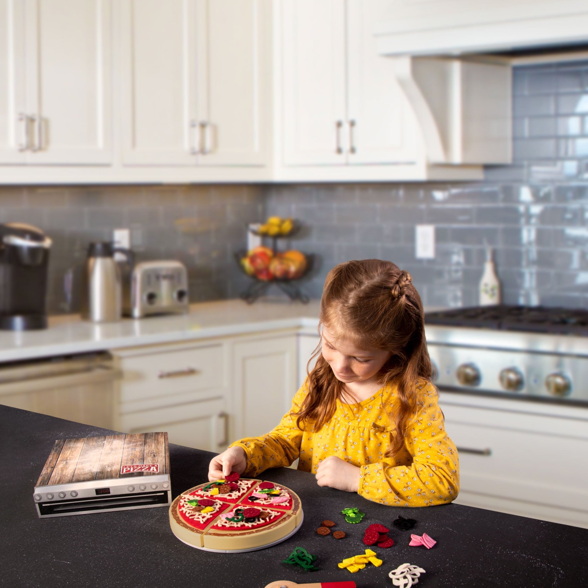 Make a Pizza - Pretend Food Playset with 4 Wooden Pie Slices, 140 Felt Toppings, Wood Roller, and 3-in-1 Cardboard Box Prep Station, Oven, & Serving Table - Cute Cooking Toys for Boys & Girls