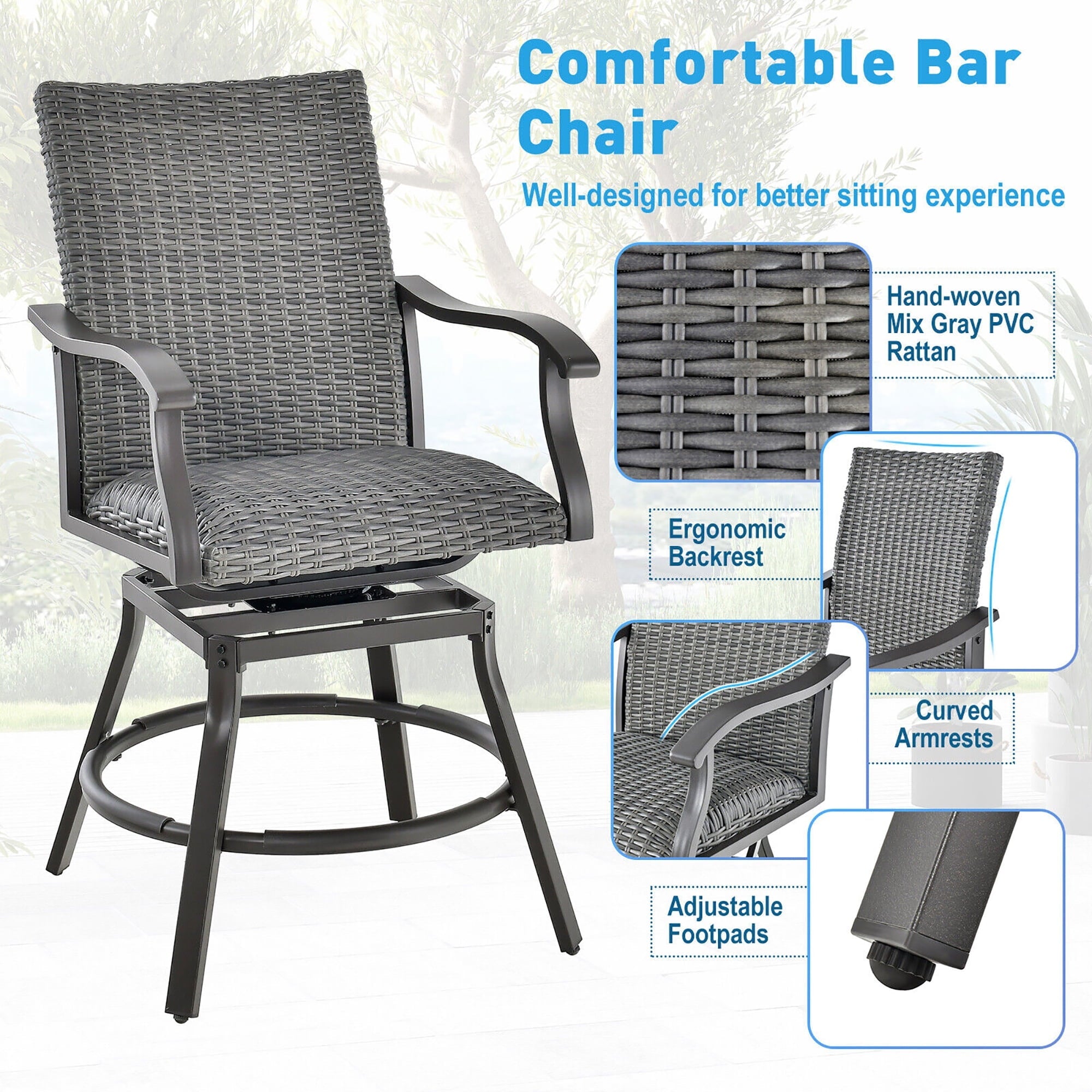 Gymax 2PCS Patio Wicker Aluminum 360° Swivel Bar Height Chairs W/4D Air Fiber Balcony