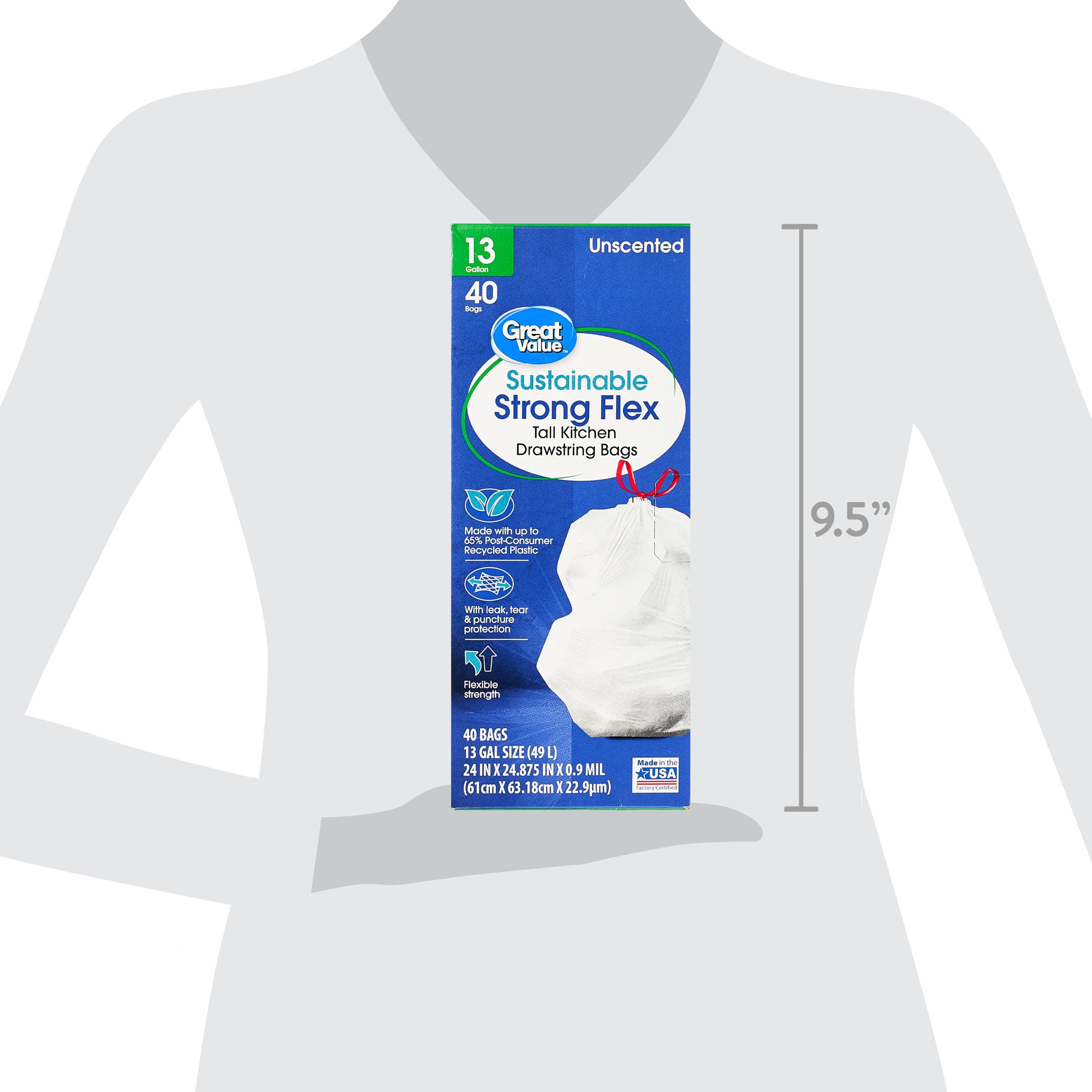 Great Value Sustainable Strong Flex 13-Gallon Drawstring Tall Kitchen Trash Bags, 40 Bags