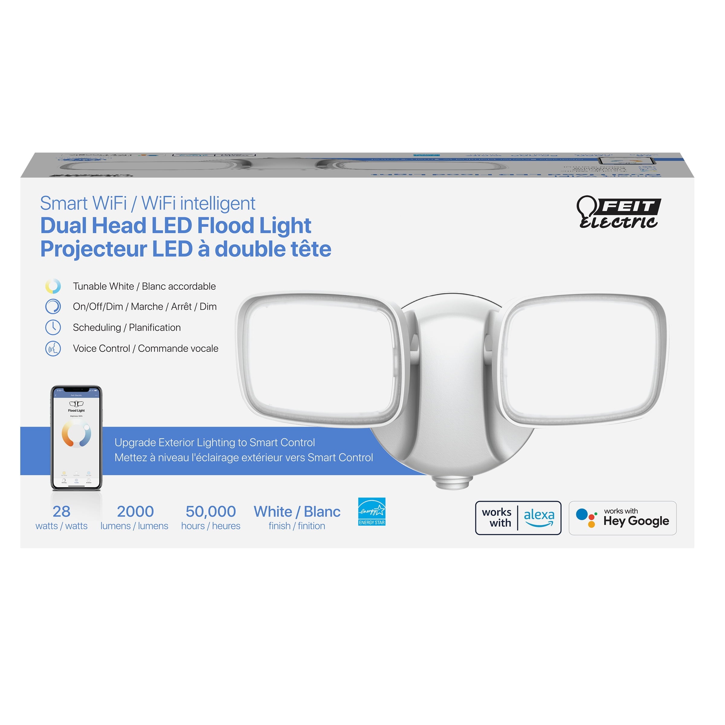 Feit Electric 2 Light Head White Tunable Smart Security LED Flood Light, 2000 Lumens,120° Beam Angle