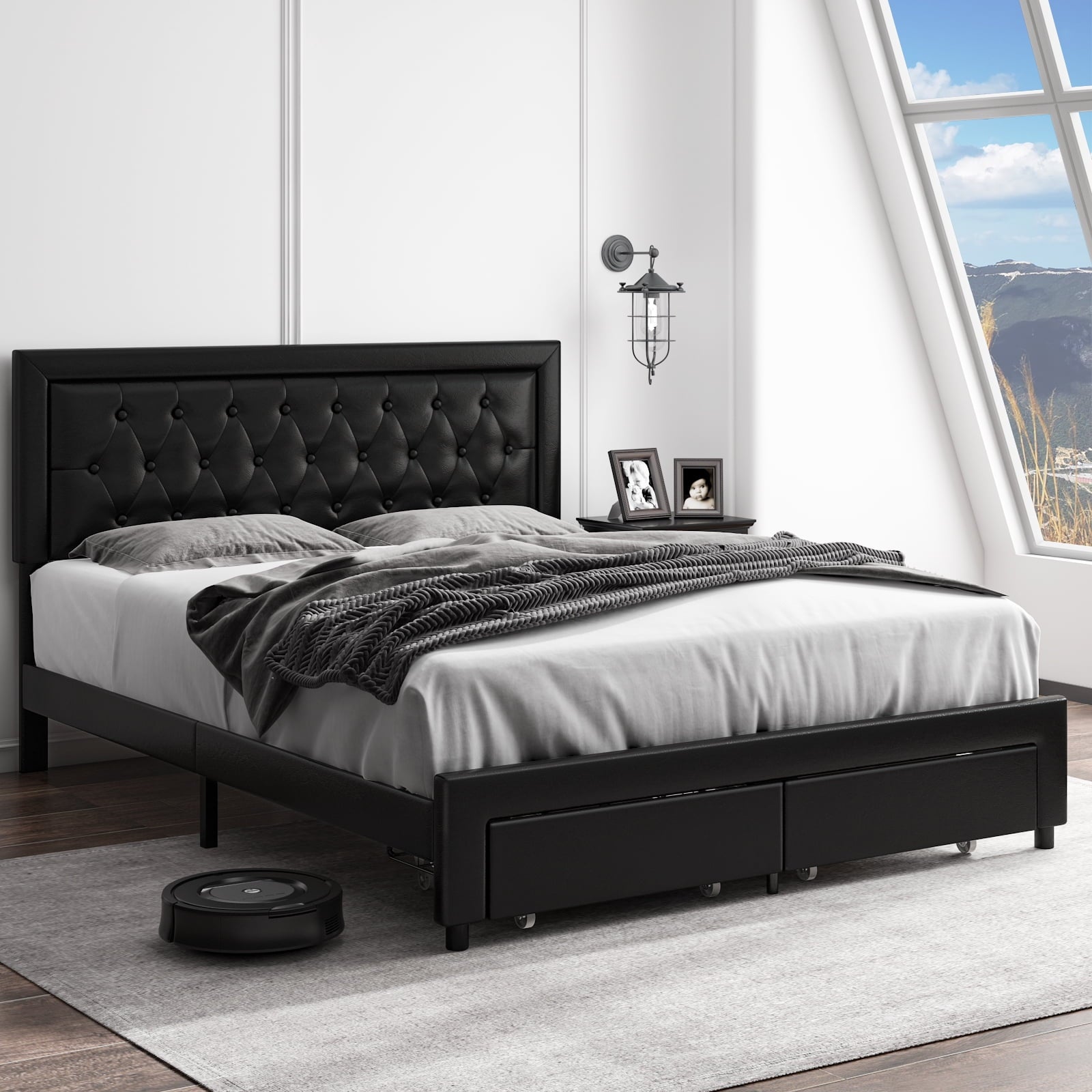 Homfa Full Size Bed Frame with Storage Drawers, PU Leather Upholstered Platform Bed with Adjustable Button Headboard, Black
