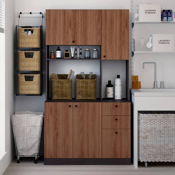 Scandi 71 in. Black Brown Tall Pantry Kitchen Storage Cabinet Buffet with Hutch for Microwave with Drawers