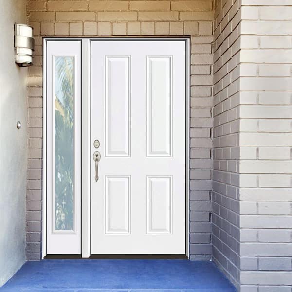 51 in. x 80 in. Element Series 4-Panel Primed White Right-Hand Steel Prehung Front Door w/ 12 in. Clear Glass Sidelite