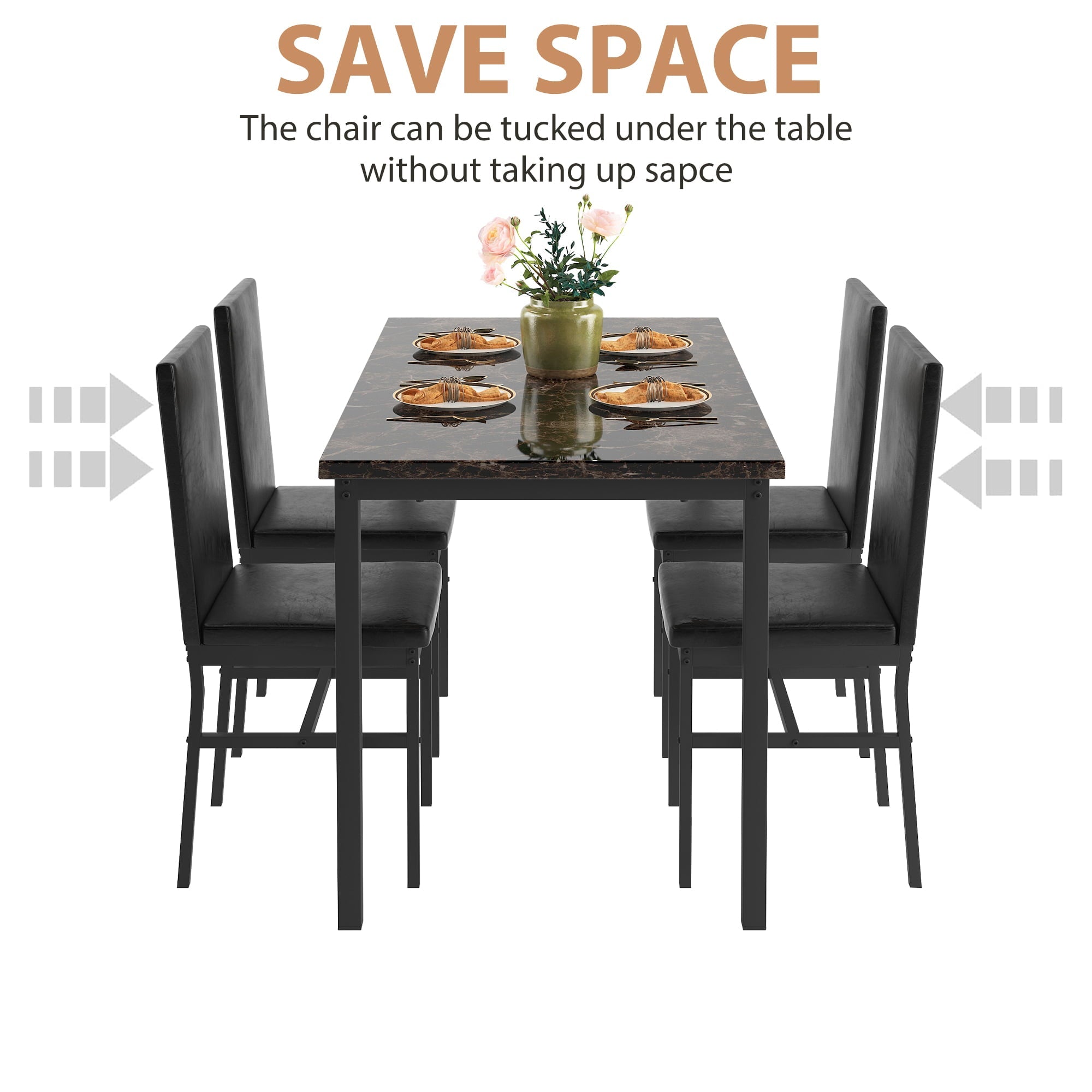 uhomepro 5-Piece Dining Room Table Set for 4 Person, Elegant Dining Table Set, Home Kitchen Table with 4 PU Leather Chairs and Metal Dining Room Modern Furniture