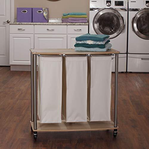 7050-1 3 Bag Cart | Light Brown Triple Laundry Sorter with Folding Table, Walnut