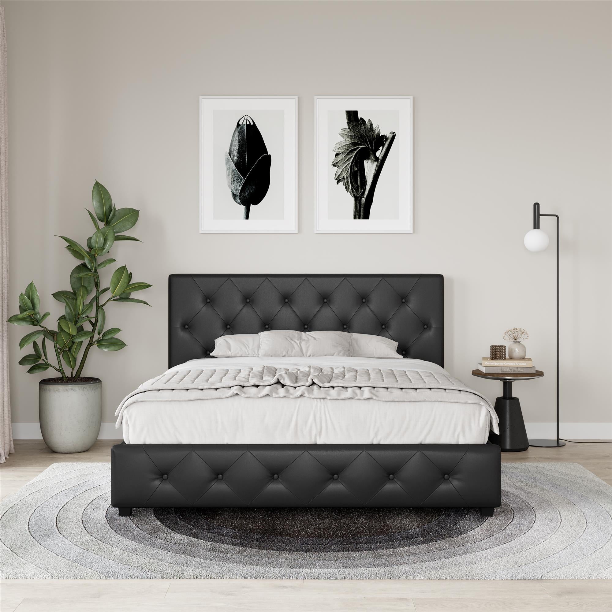 River Street Designs Dean Upholstered Bed With Storage, Black Faux Leather, Queen