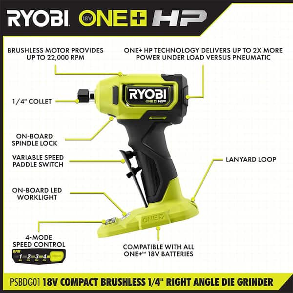 ONE+ HP 18V Brushless Cordless Compact 1/4 in. Right Angle Die Grinder (Tool Only)