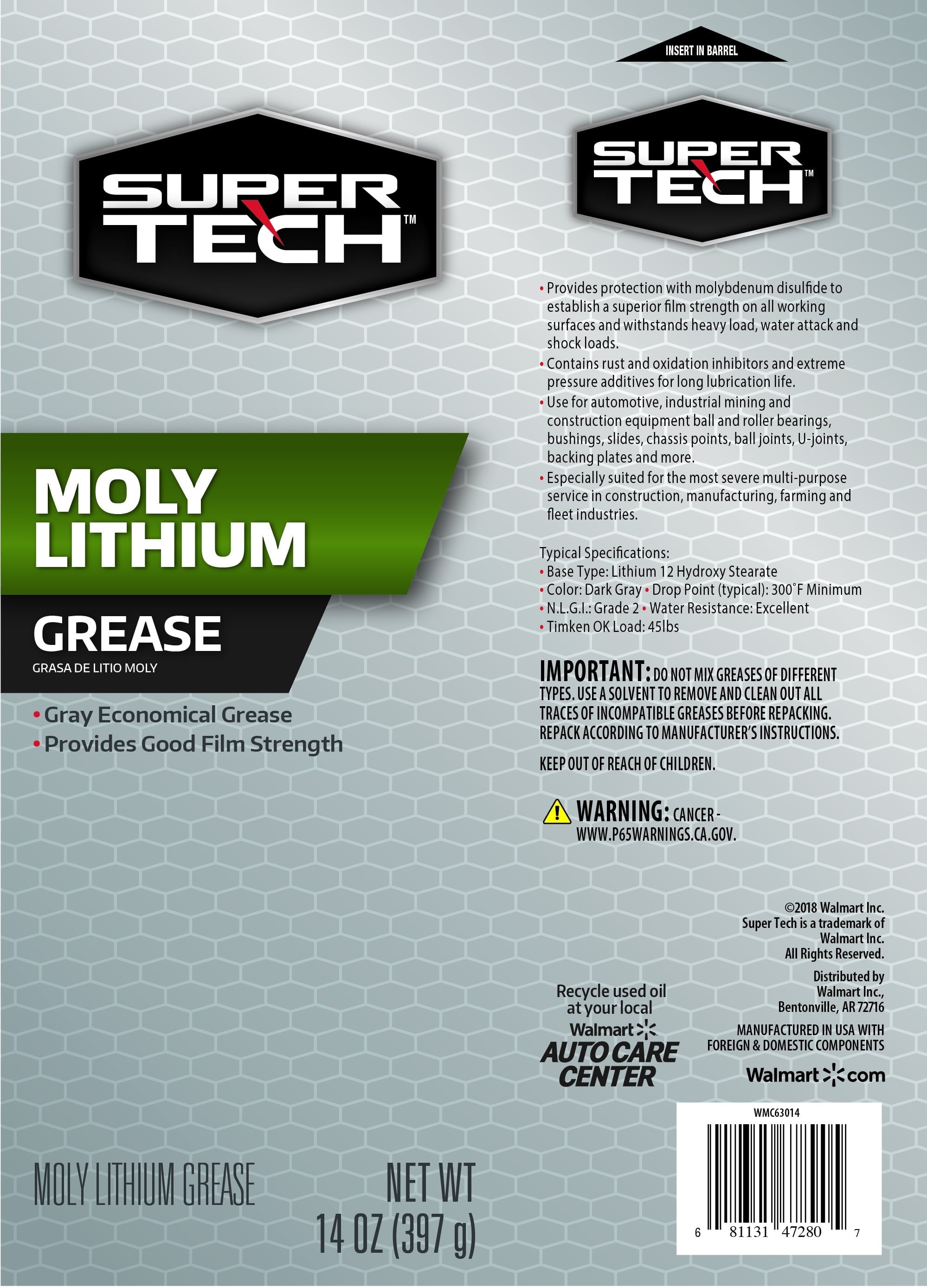 Super Tech Moly-Lithium Extreme Pressure Grease, 14 oz Tube