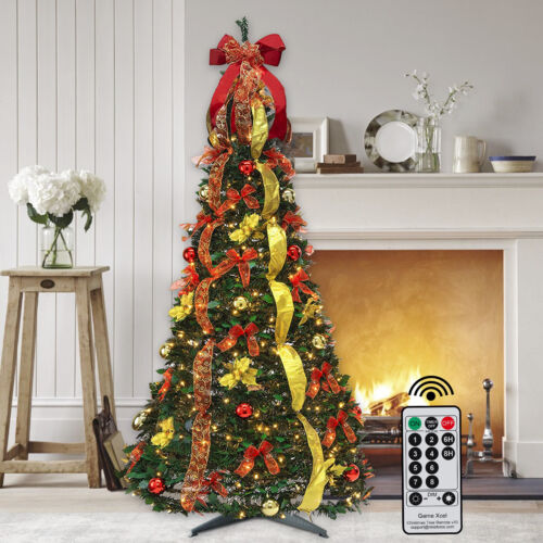 6Ft Pop-Up Christmas Tree Collapsible Decorated w/Lights for Holiday Decoration