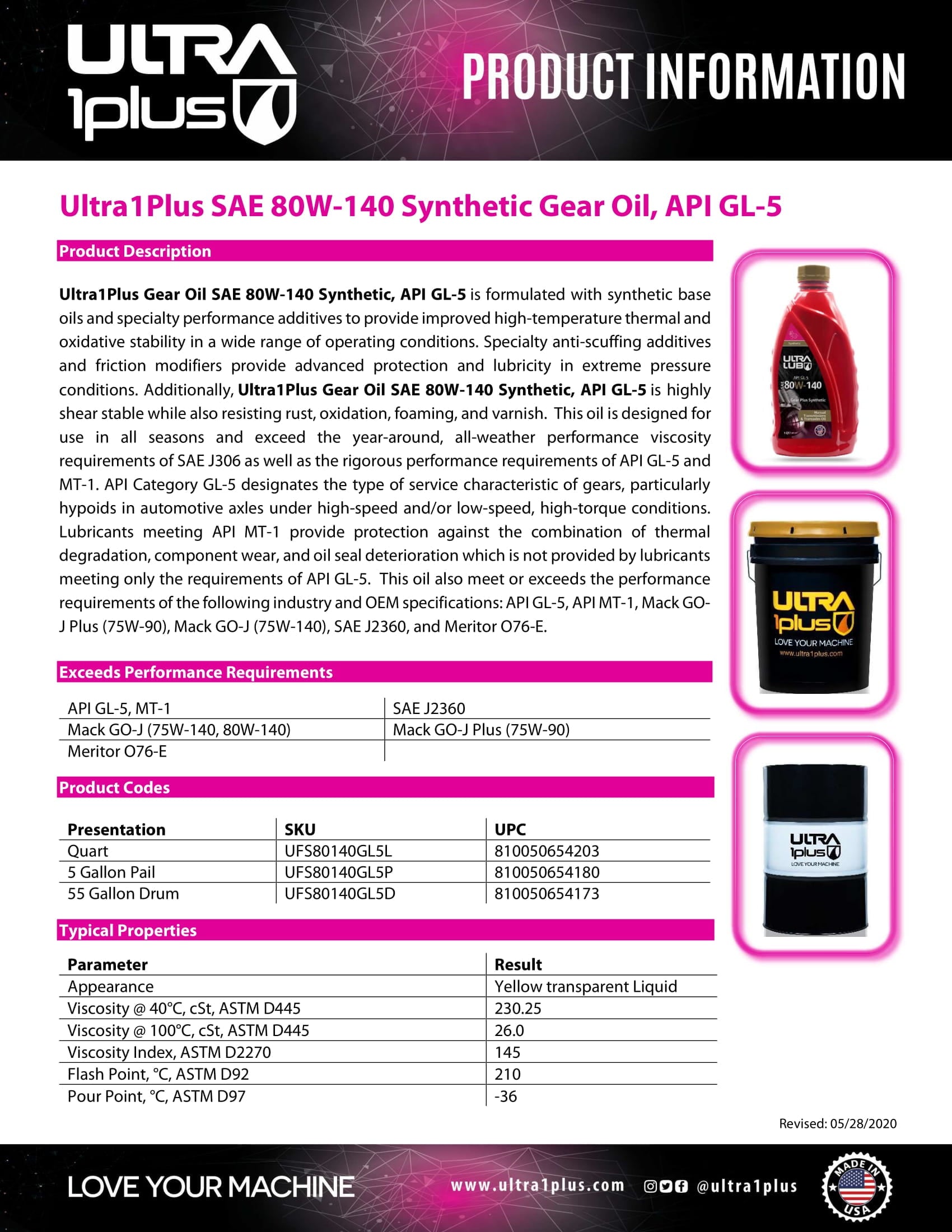 Ultra1Plus™ SAE 80W-140 Synthetic Gear Oil, API GL-5 | 5 Gallon Pail