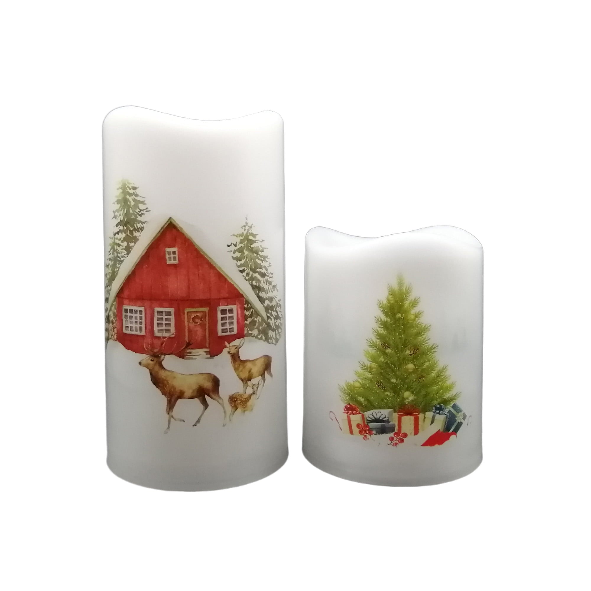 Plastic White LED Pillar Candle with Christmas Tree & House Decal, 3 x 6 in and 3 x 4 in, by Holiday Time