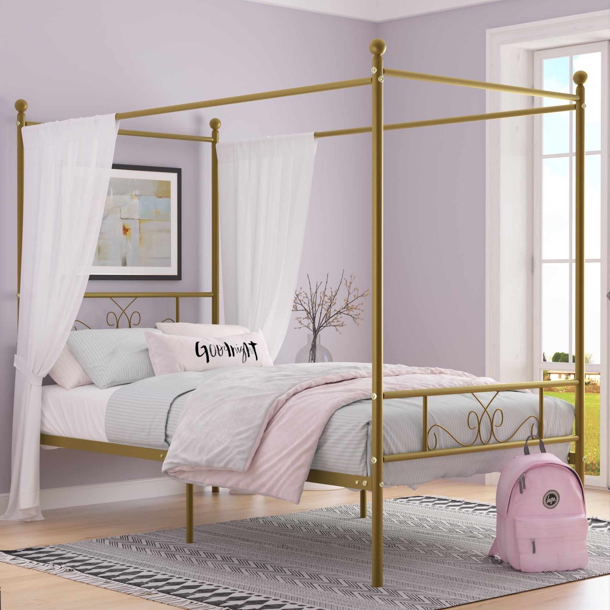 Yoneston Metal Canopy Bed Frame Twin Size 4-Post Bed Sturdy Platform Replacement with Slats for Kids Boys Girls
