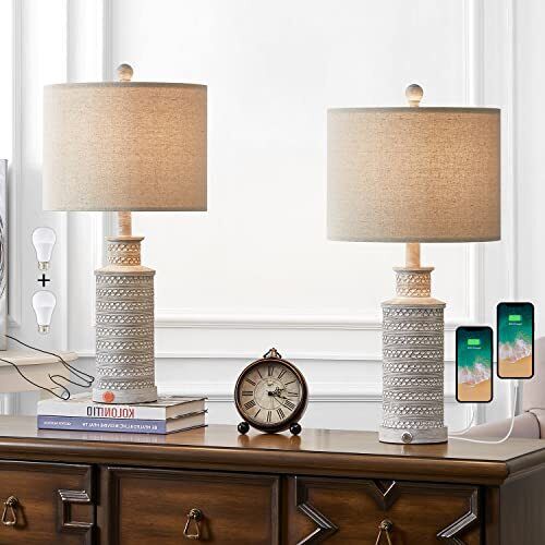 BOBOMOMO 3-Way Dimmable Touch Control Table Lamp Set of 2 with Dual USB Charging
