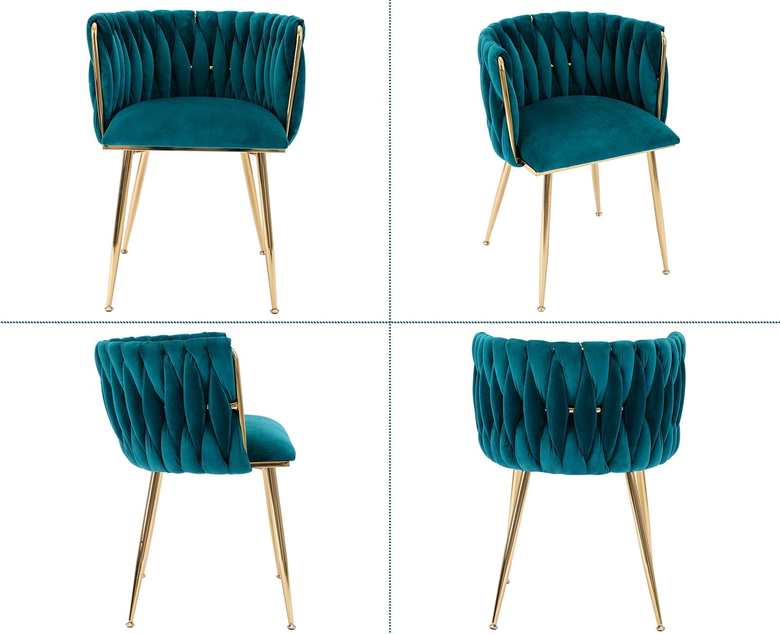 Guyou Velvet Dining Chair Set of 2, Modern Upholstered Accent Side Chair with Woven Back and Metal Legs, Vanity Chair Kitchen Chair for Living Room Dining Room Bedroom, Teal Green