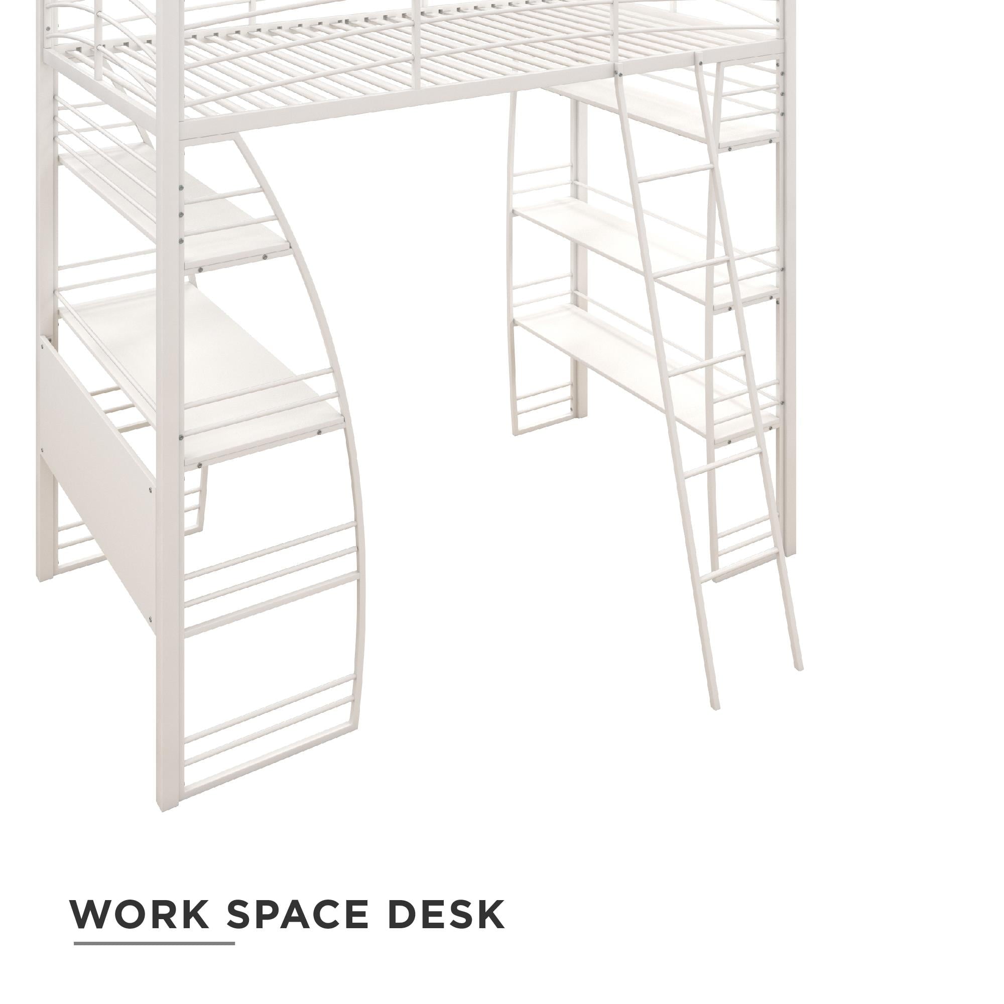 DHP Sage Studio Twin Metal Loft Bed with Integrated Desk and Shelves, Off White