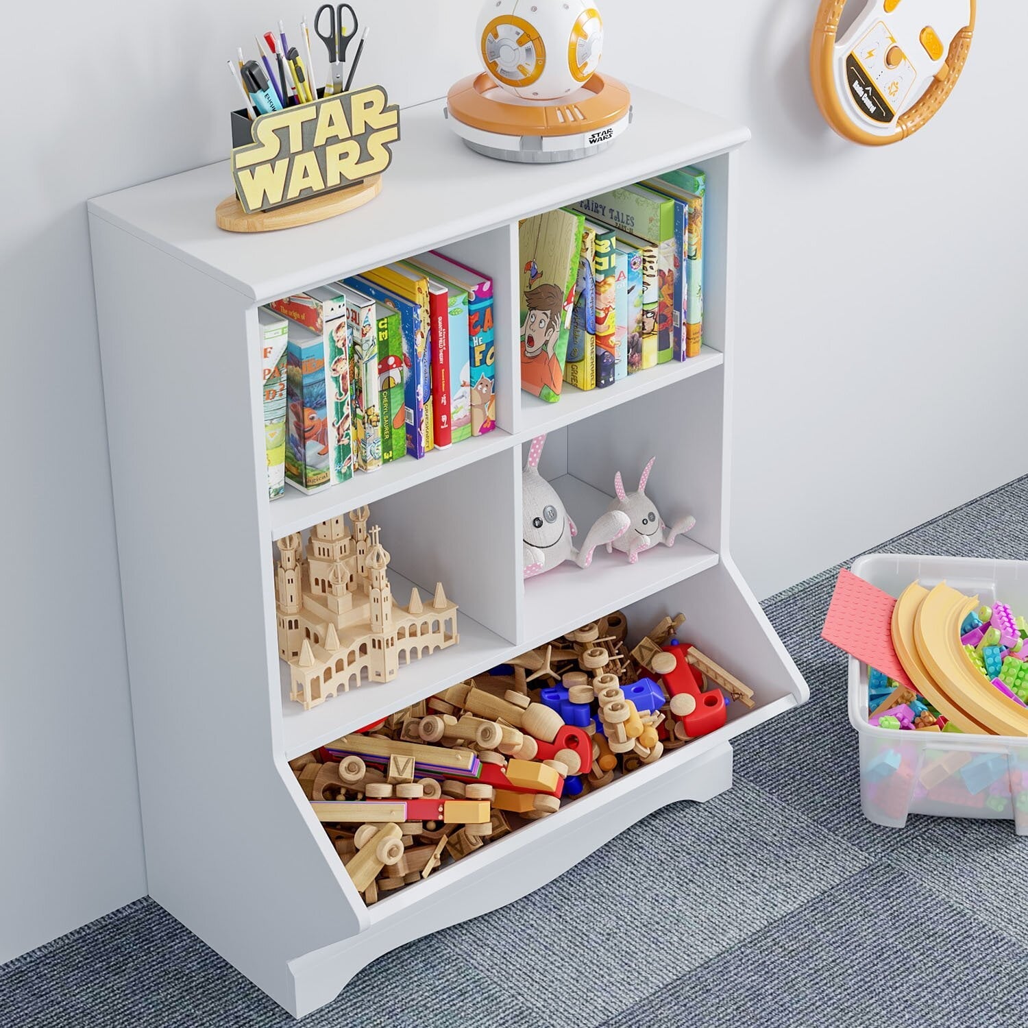 Homfa Kid's Cubby Toy Storage Cabinet, Wood Toy Organizer of 5 Bins, Children's White Bookcase, Toy Chest for Bedroom Living Room