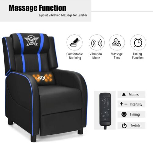 Gaming Chair Recliner Massage PU Leather Control Adjustable Side Pouch Blue