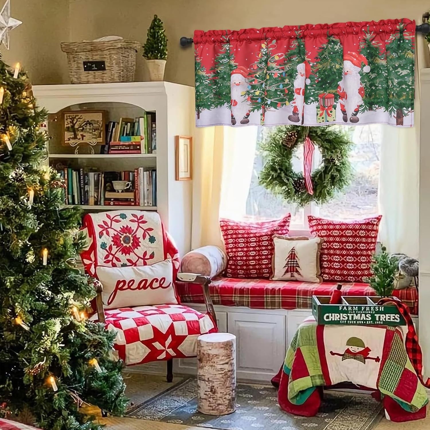 Alishomtll Christmas Valance Curtains Santa Claus Kitchen Curtains Holly Tree Window Valances Rod Pocket ,52