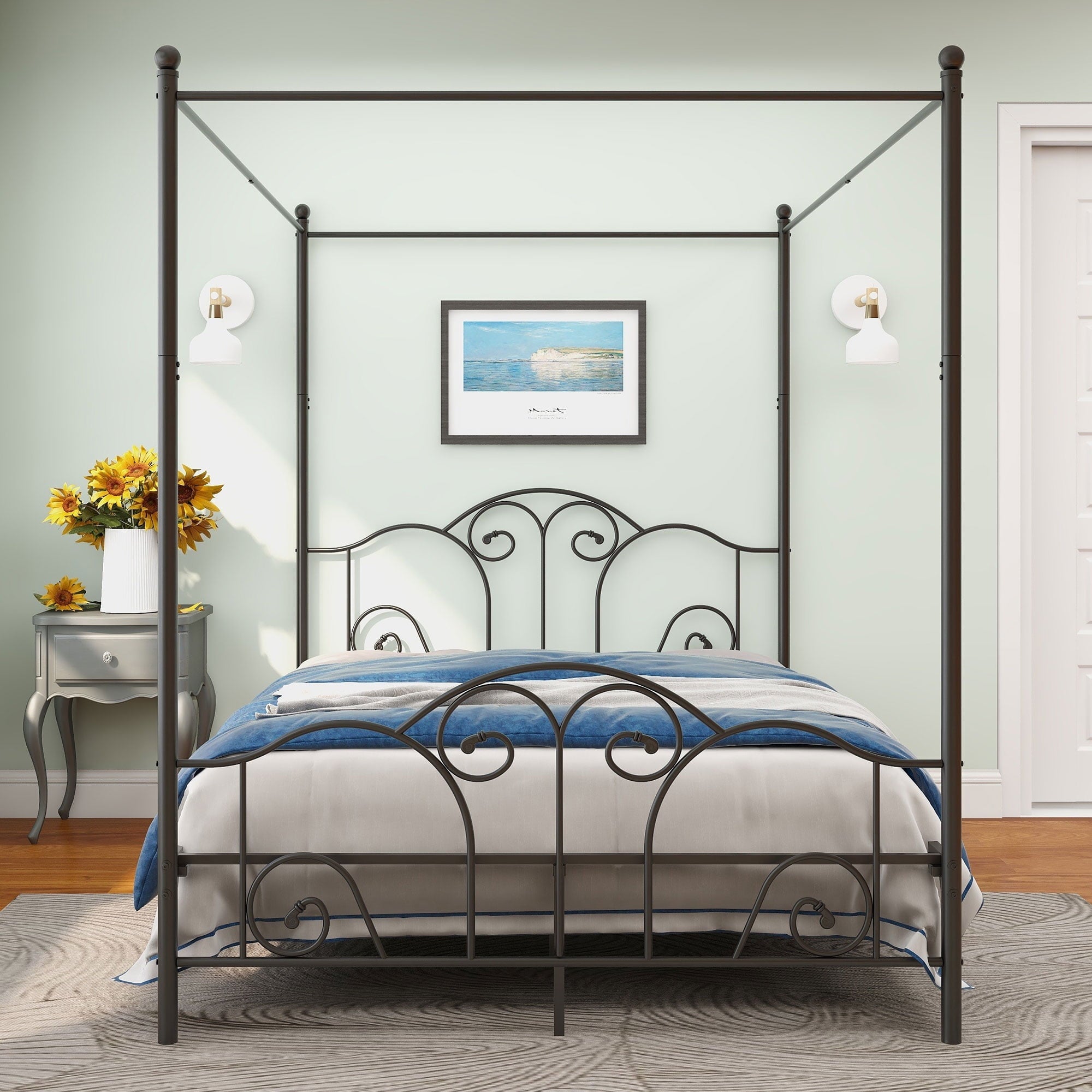 alazyhome Queen Size Canopy Metal Bed Frame, Metal Slat Support, Black