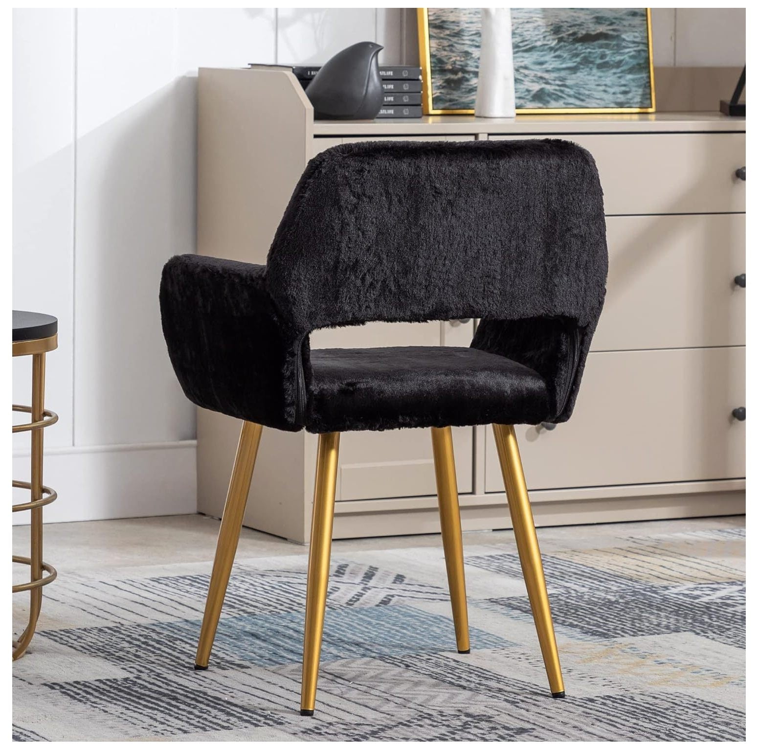 Quexis Furry Desk Chair, -Century Modern Accent Faux Fur Chair for Teen Girls, Comfy Armchair with Wood Look Metal Legs for Living Dining Room, Home Vanity Makeup Office Desk Chair No Wheel, Black