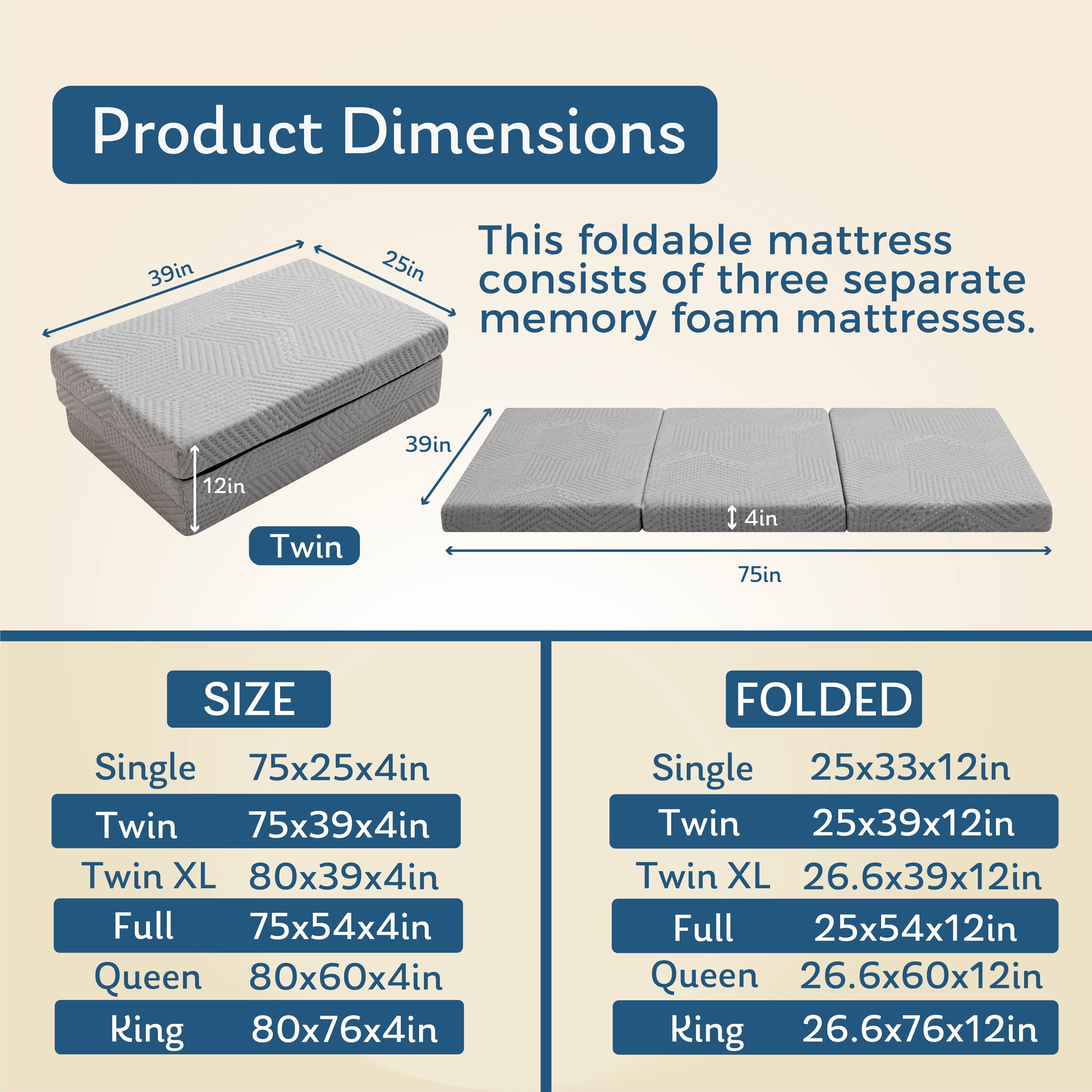 Ego 4 inch Tri Folding Memory Foam Mattress, Portable Guest Bed, Queen Size