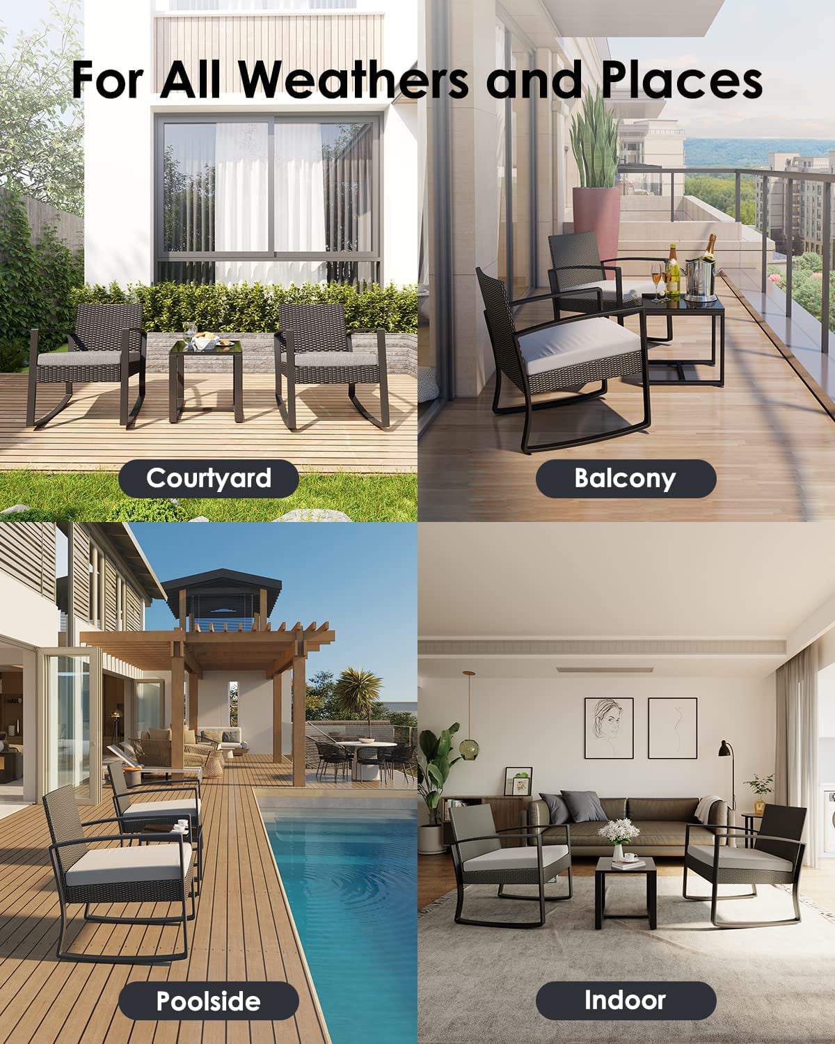 3-Piece Patio Chairs Set, Balcony Furniture Set with PE Rattan Rocking Chairs and a Glass Table, Gray Cushion