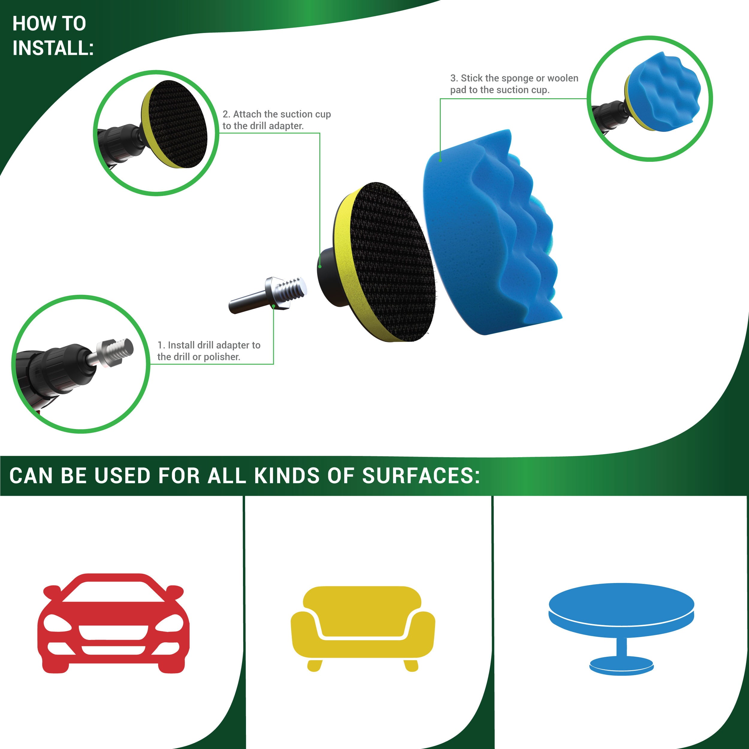 SCRUBIT Car Foam Drill Polishing Pad Kit 22 Pack, Includes 16 Detailing Sponges (3 in.), 2 Wool Buffer Pads, 2 Drill Adapters and Suction Cups for Your Vehicle