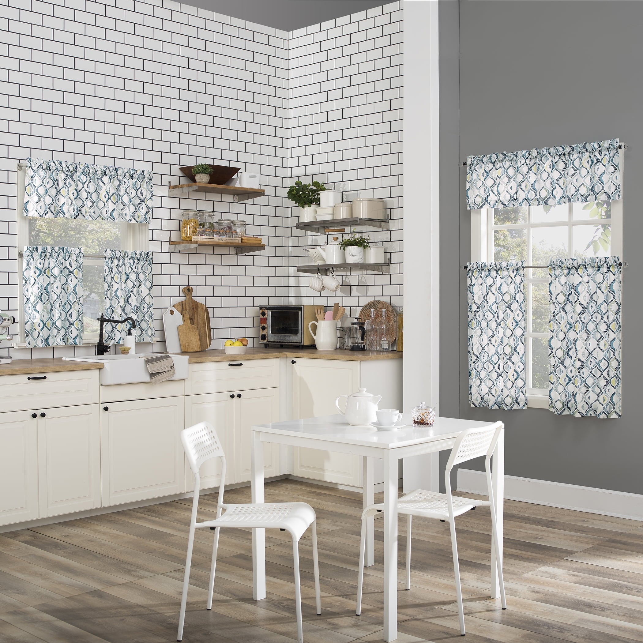 Mainstays Beckham Geometric Semi-Sheer Rod Pocket Kitchen Curtains in White, Adult