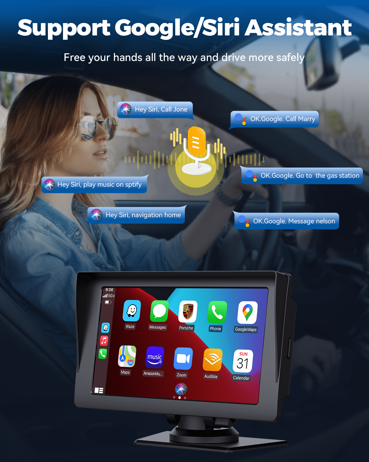 Lamtto Wireless Apple Carplay & Android Auto Car Stereo with Bluetooth, 7'' Touchscreen Carplay Car Radio with Siri, AUX, FM, Multimedia Player, GPS Navigation