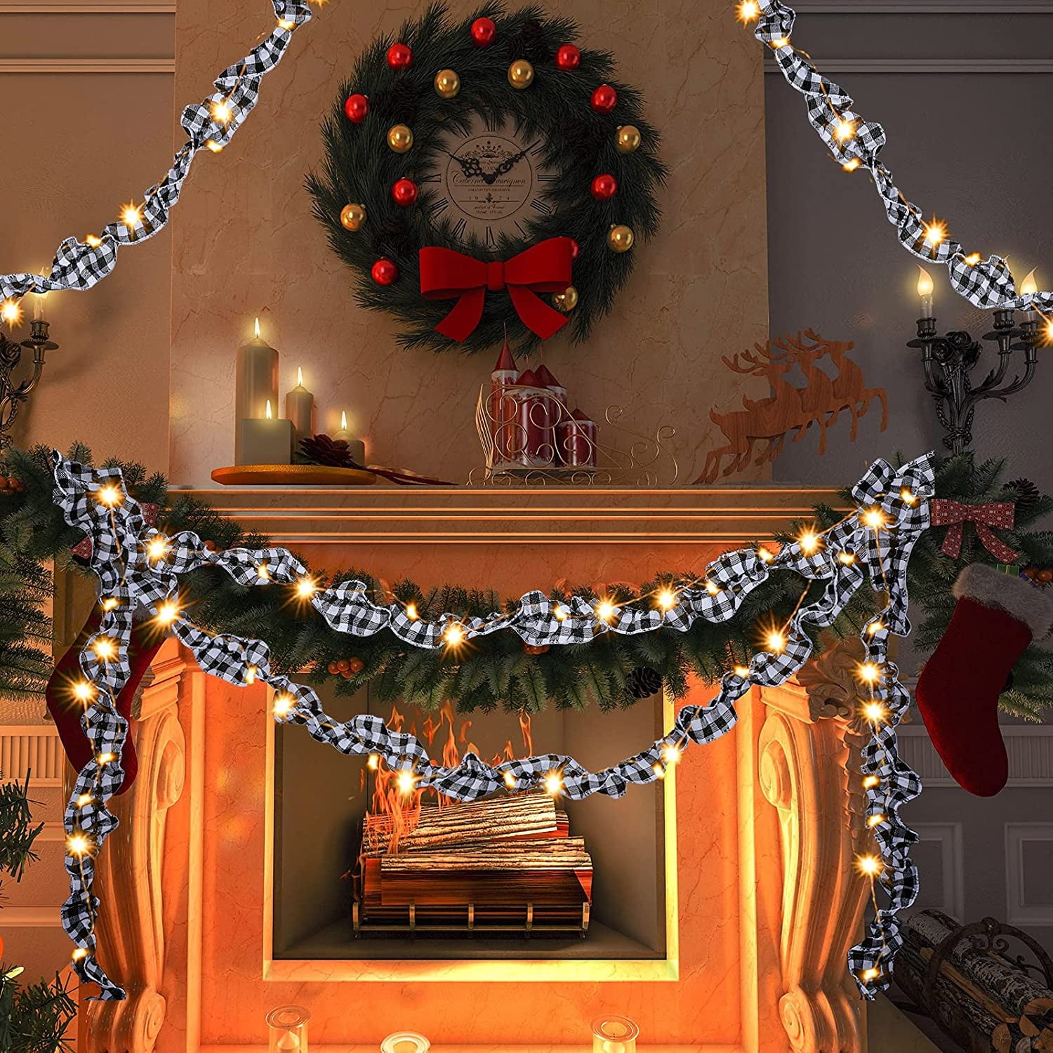 3 Rolls LED Buffalo Plaid Christmas Tree Garland Decorations, 9ft Christmas Garland Ribbon for Crafts Decor