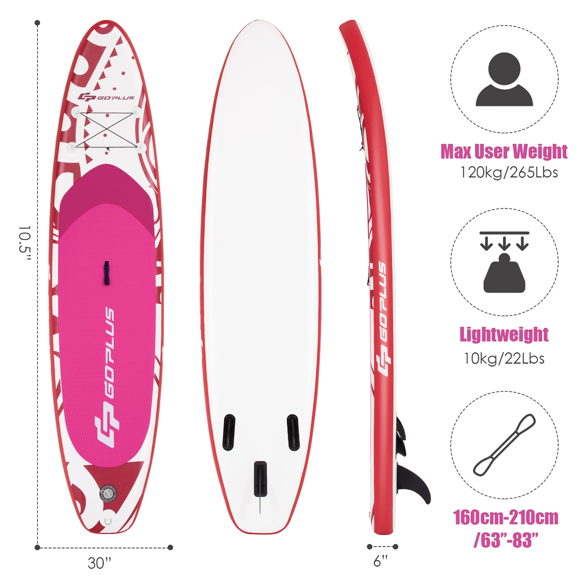 Goplus 10.5’ Inflatable Stand Up Paddle Board SUP W/Carrying Bag Aluminum Paddle Pink