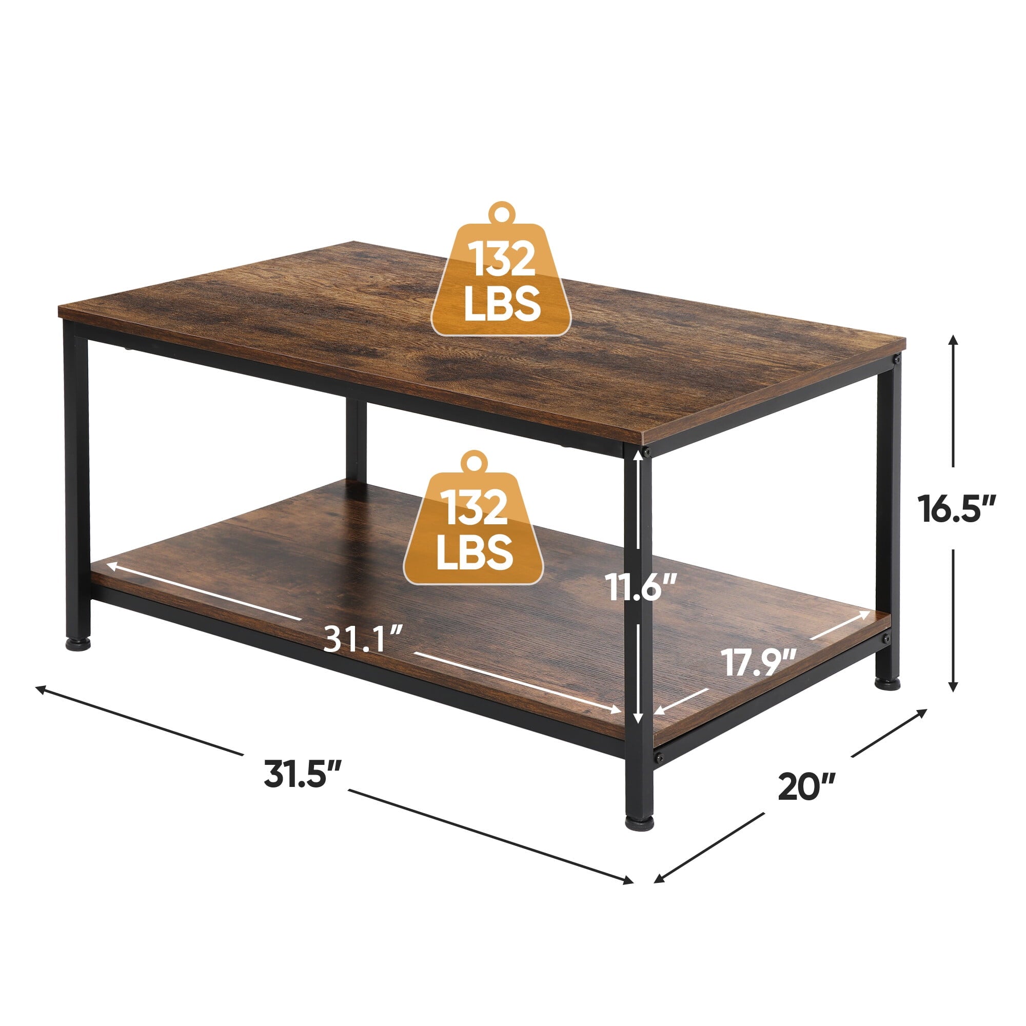 ZENY Rectangle Wood Coffee Table Metal Frame MDF Home Tea Table Desk Rustic Brown
