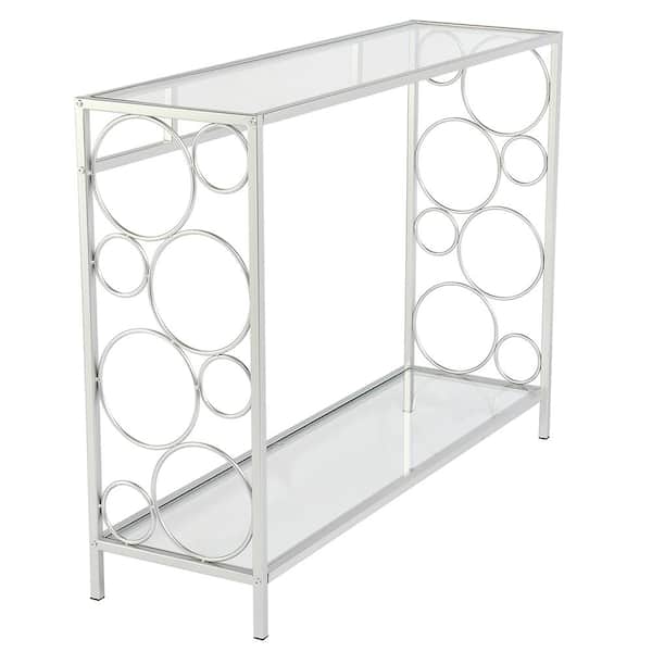 40.16 in. Standard Rectangle Silver FCH Toughened Glass Panel Console Table with Shelves