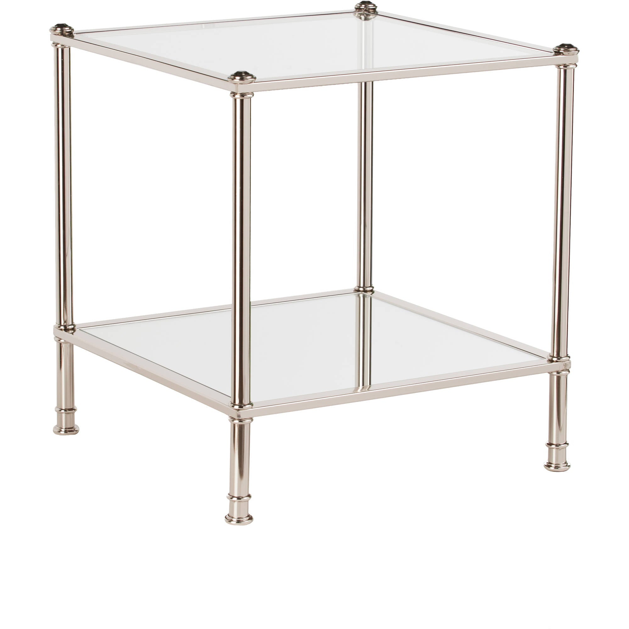 Ember Interiors Parell Glam Metal and Glass End Table, Metallic Silver