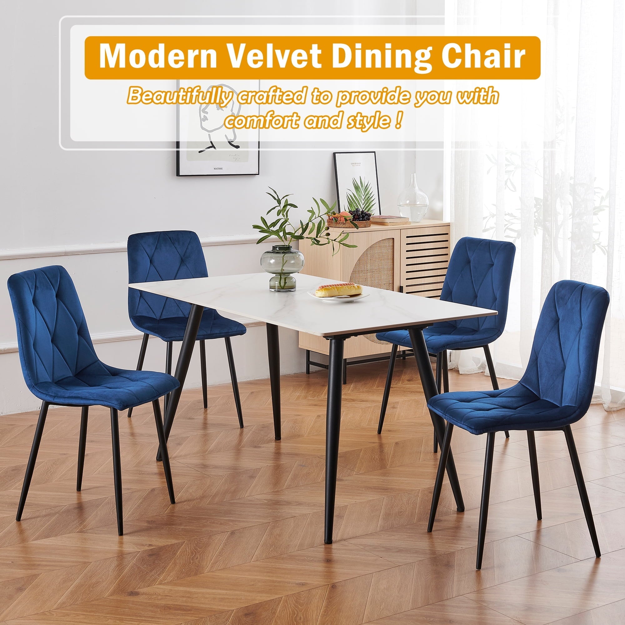 YEAG Velvet Dining Chair,Armless Modern Side Chair,Set of 4,Blue