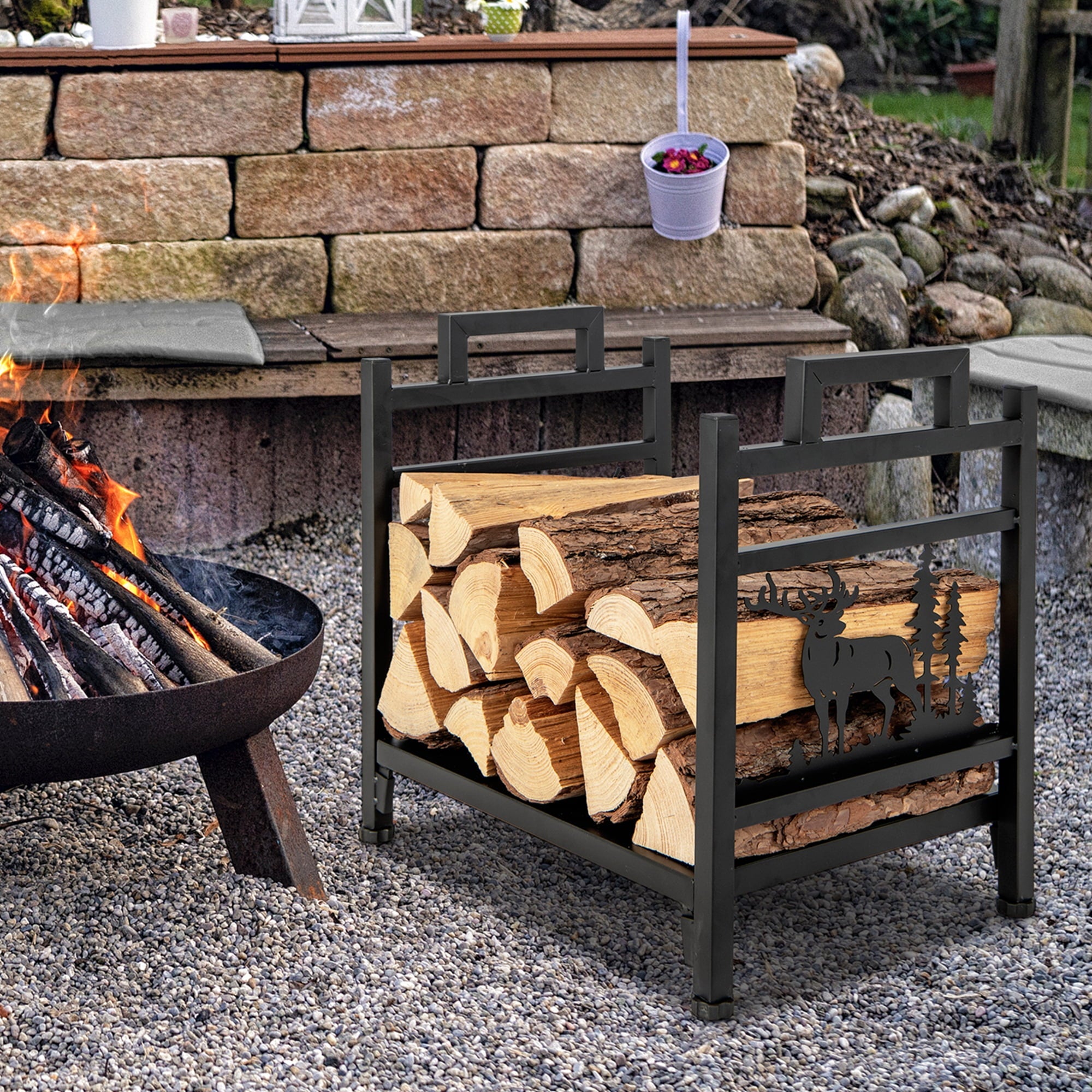 Costway 18.5 Inch Metal Firewood Rack Fireplace Log Holder with Dual Handles Solid Base
