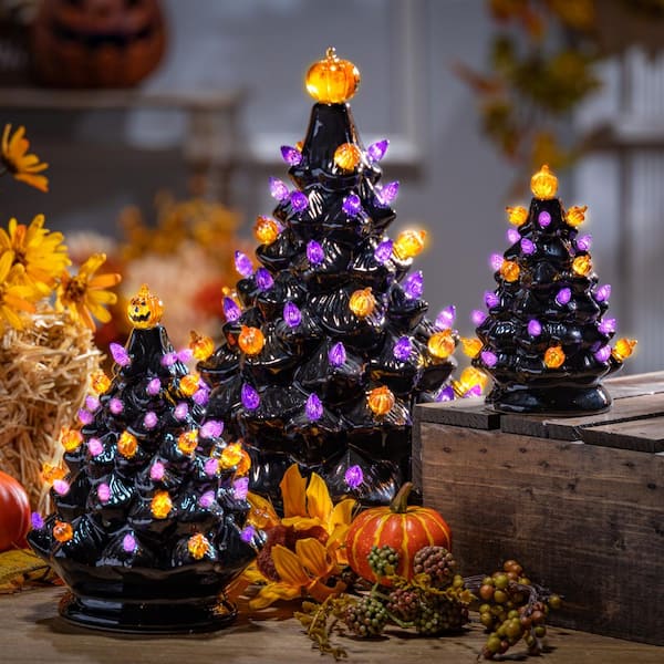 Battery Operated Lighted Dolomite Halloween Trees with Sound (Set of 3)