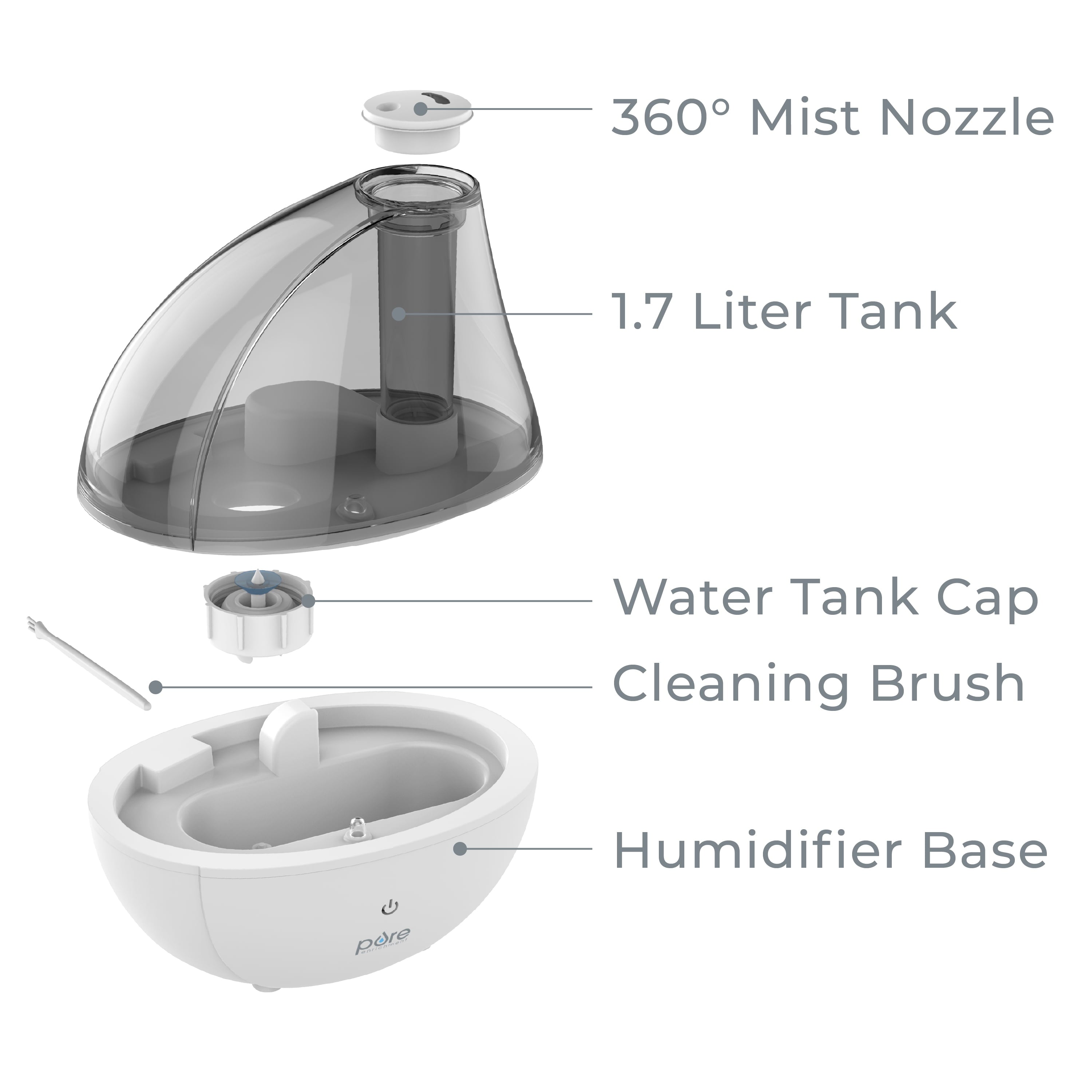 Pure Enrichment® MistAire™ Silver Ultrasonic Cool Mist Humidifier - Lasts Up to 25 Hours, Whisper-Quiet Overnight Operation, 360° Mist Nozzle, Easy-Fill Tank, & Auto Safety Shut-Off
