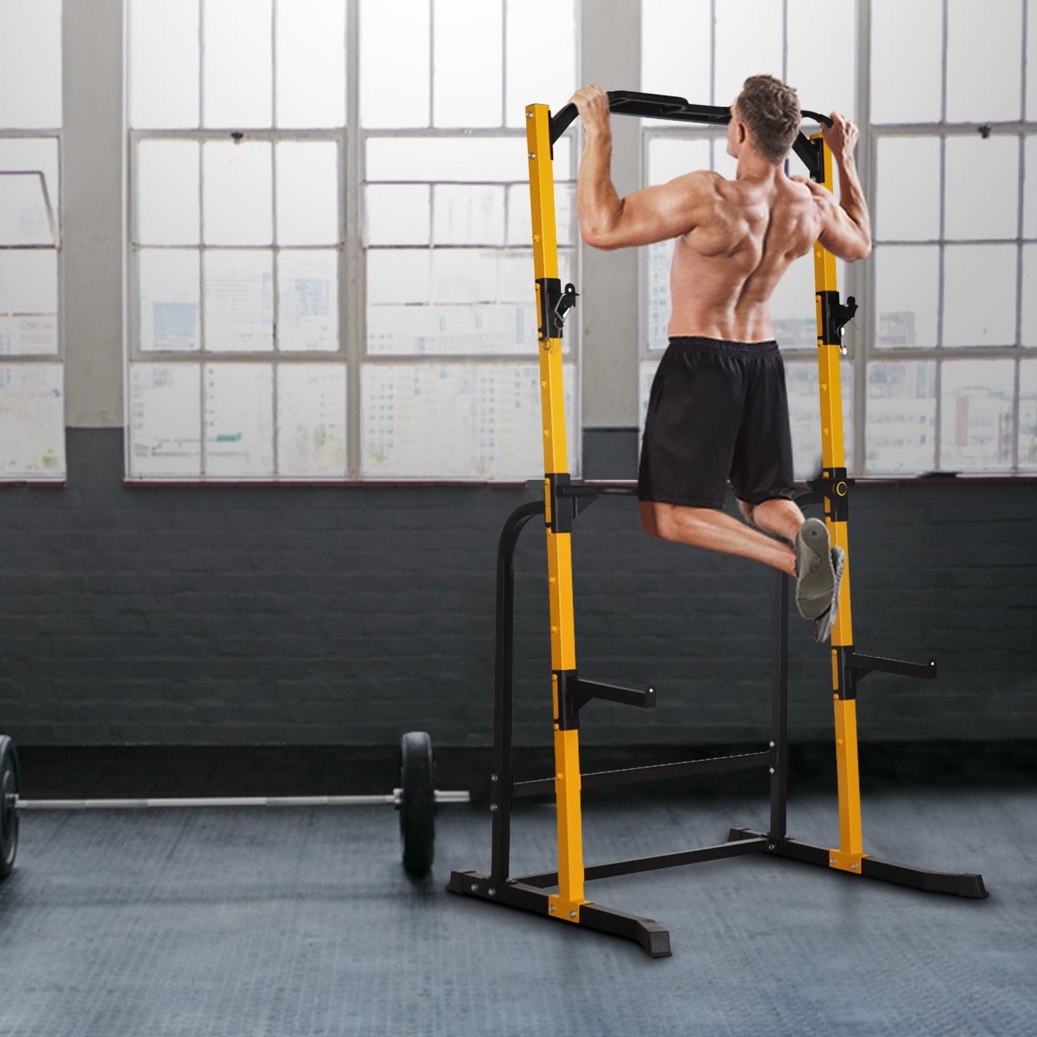 Wesfital Multi-Function Power Tower with Adjustable Barbell Rack Barbell Holder Home Fitness Equipment, Yellow