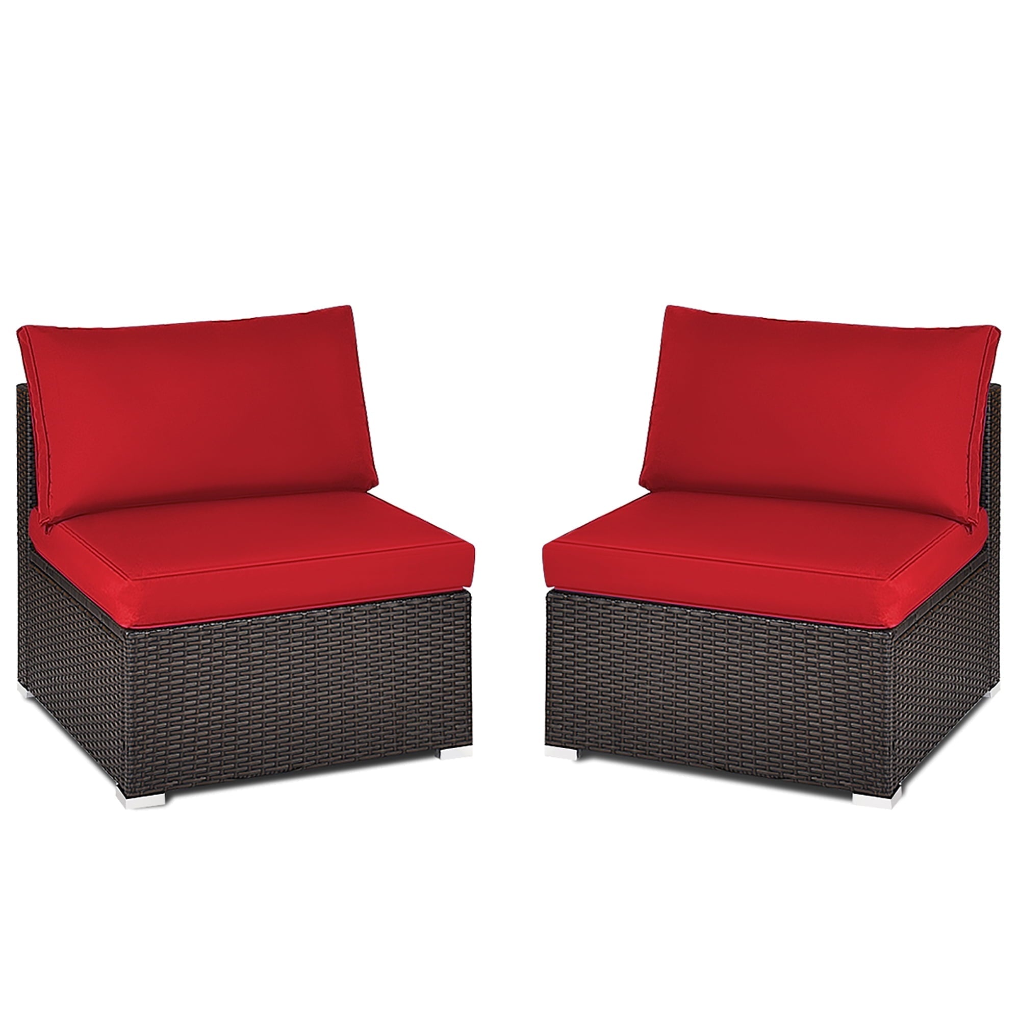 Costway 2PCS Patio Rattan Armless Sofa Sectional Conversation Furniture Set  W/Cushion Red