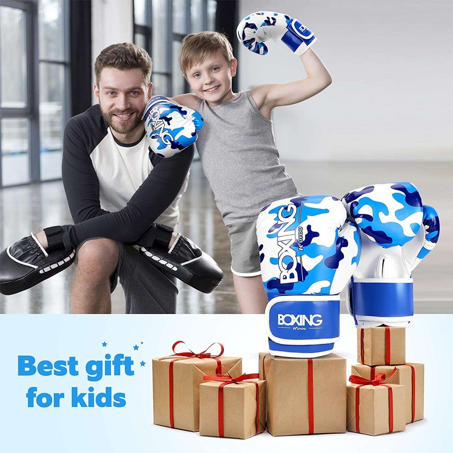 Kids Boxing Gloves, Boxing Gloves for Children 5-12 Youth Boys Girls Toddler PU Cartoon Sparring Training Boxing Gloves for Punching Bag, Kickboxing, Muay Thai, Blue