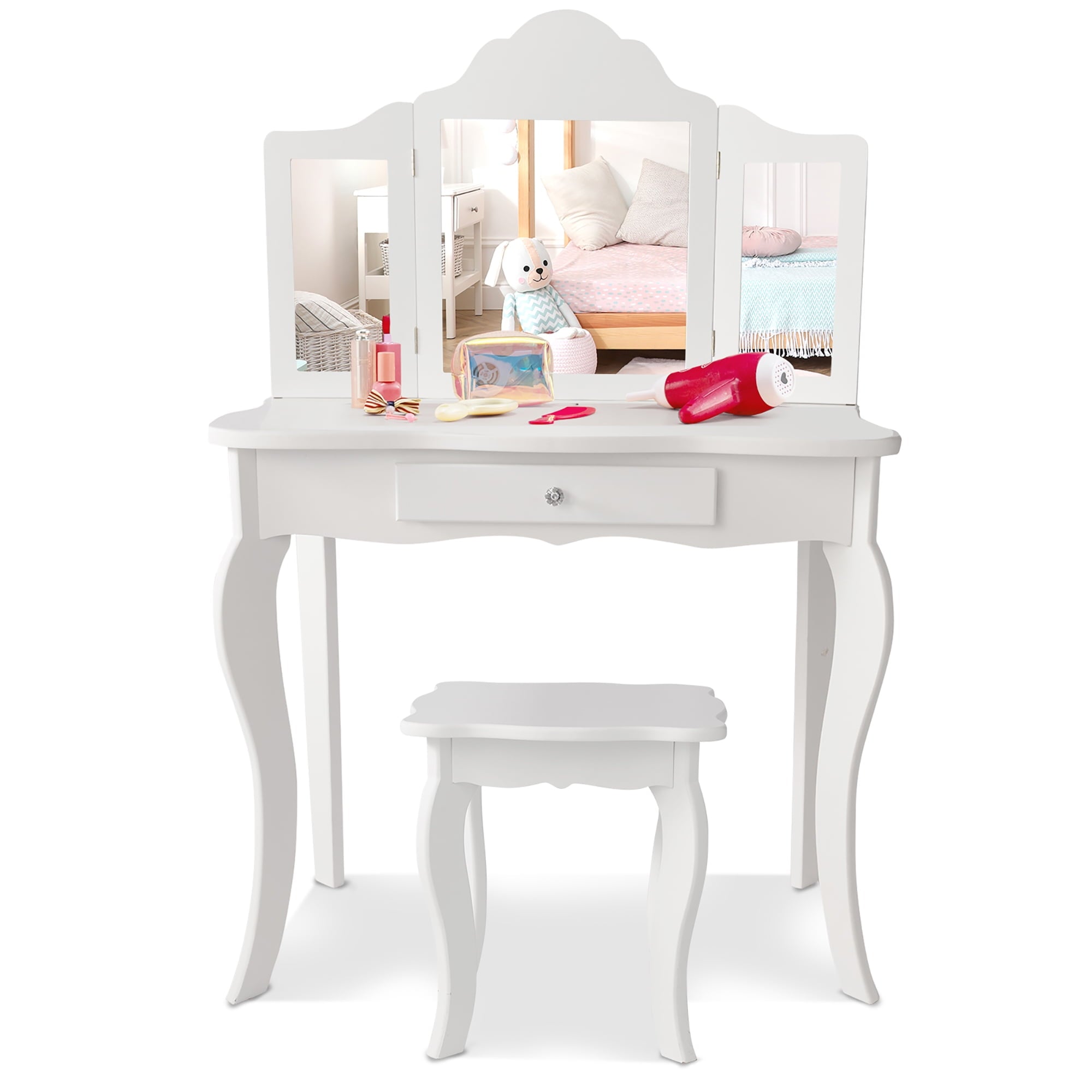 Costway Vanity Table Set Makeup Dressing Table Kids Stool Mirror
