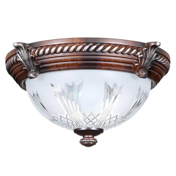 Bercello Estates 15 in. 2-Light Volterra Bronze Flush Mount with Etched Glass Shade