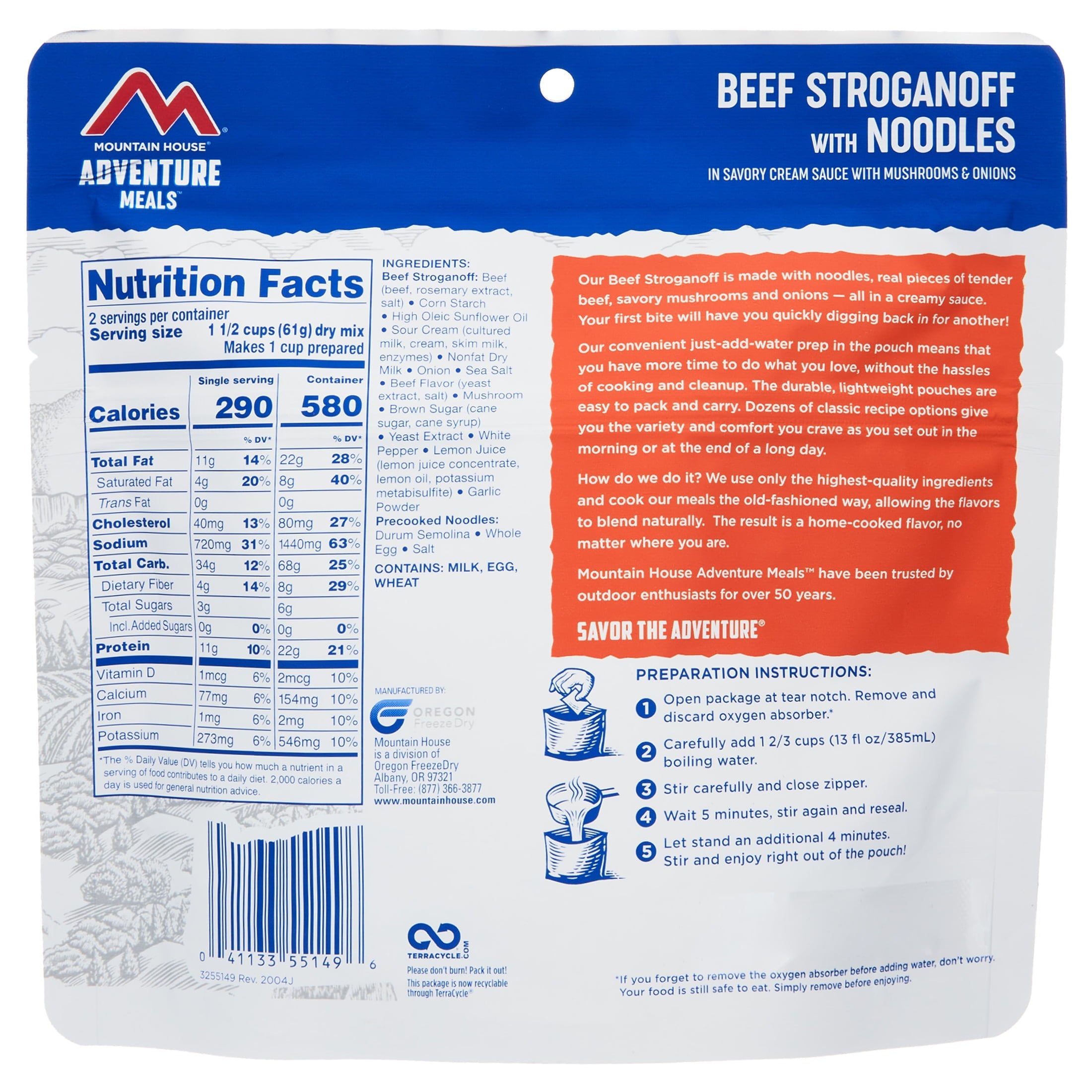 Mountain House Beef Stroganoff w/Noodles, Freeze-Dried Food, 2 Servings