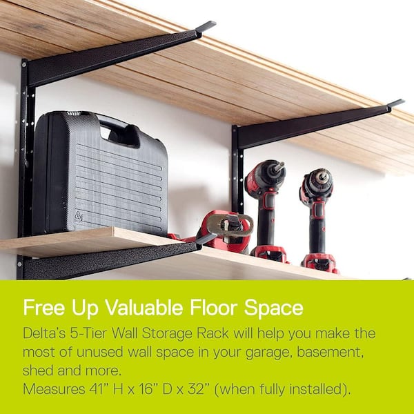 16 in. x 41 in. Heavy Duty Wall Rack, Adjustable 5 Tier Lumber Rack Holds 800 lbs. Steel Garage Wall Shelf with Brackets