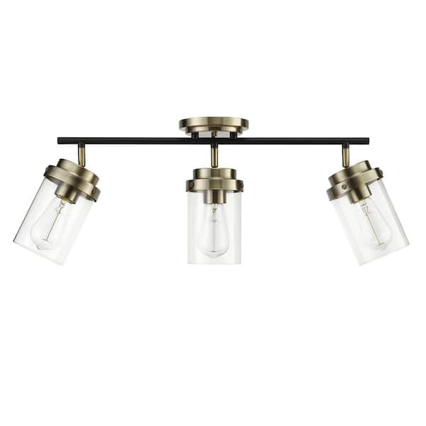 Adelaide 1.83 ft. 3-Light Antique Brass Fixed Track Lighting Kit with Matte Black Accent and Clear Glass Shades