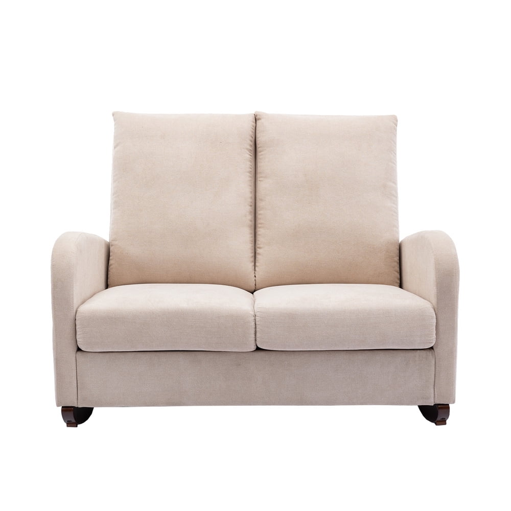 Modern Double Rocking Chair, Upholstered Oversized Glider Rocker for Baby Nursery and Kids, Loveseat Accent Armchair with High Back and Side Pocket, Extra Wide Lounge Chair for Living Room, Beige