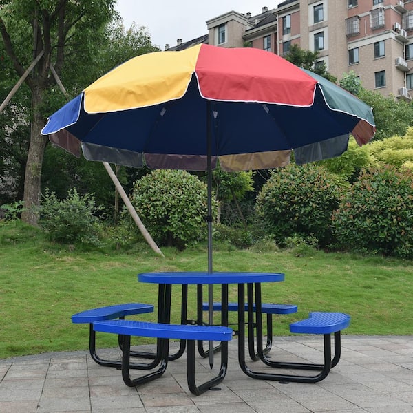 Blue Round Outdoor Steel Picnic Table Dining Table 46 in. with Umbrella Pole