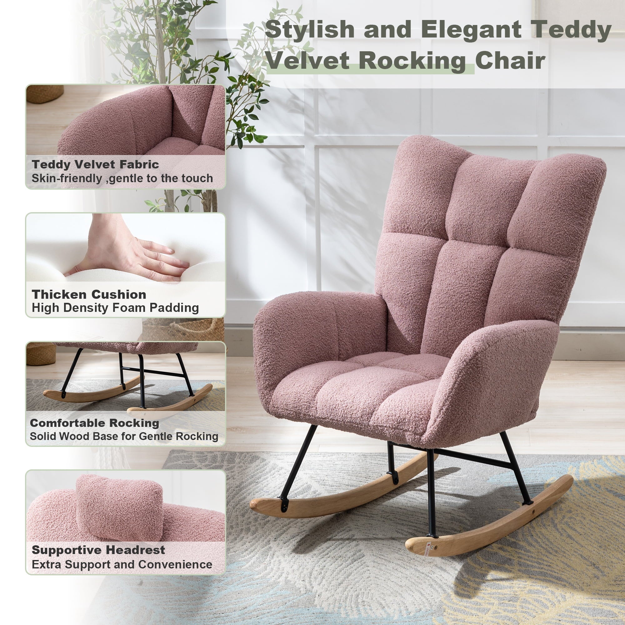 HONSIT Pink Nursery Rocking Chair, Teddy Fabric Upholstered Glider Rocker with High Backrest, Modern Rocking Accent Chairs Comfy Side Chair for Nursery, Bedroom, Living Room