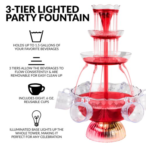 LPF230 3-Tier Lighted Party Fountain, Includes 8 Reusable Cups